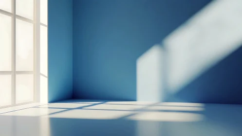 Empty blue room with window light and sharp shadows.