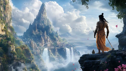 Warrior overlooking tiered mountain city with waterfalls.