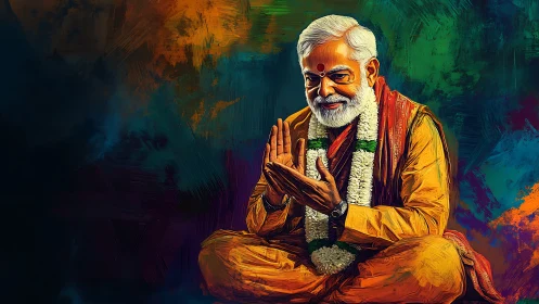 Elderly guru seated cross legged against vivid abstract background
