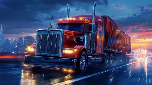 Red semi truck powers along wet highway at neon dusk