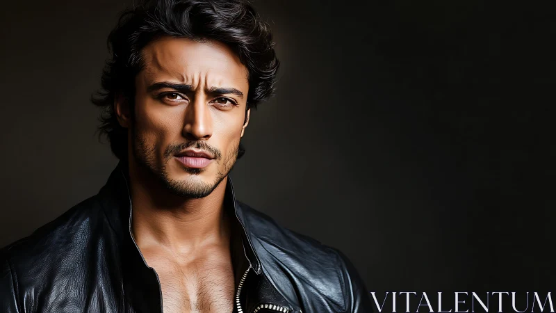 Man in leather jacket stares forward against dark background