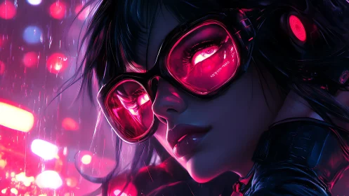 Cyberpunk heroine studies neon city through crimson visor.