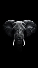 Monochrome elephant portrait with high contrast lighting.