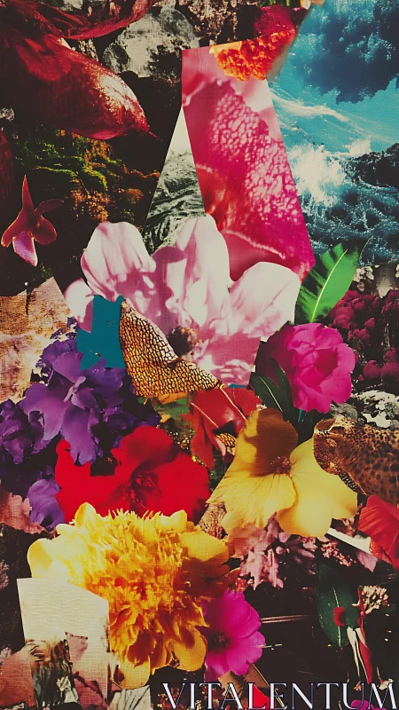 Floral storm collage where wild petals collide with surf.