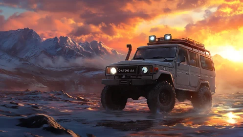 Off-road expedition SUV on icy plateau at vivid alpine sunset