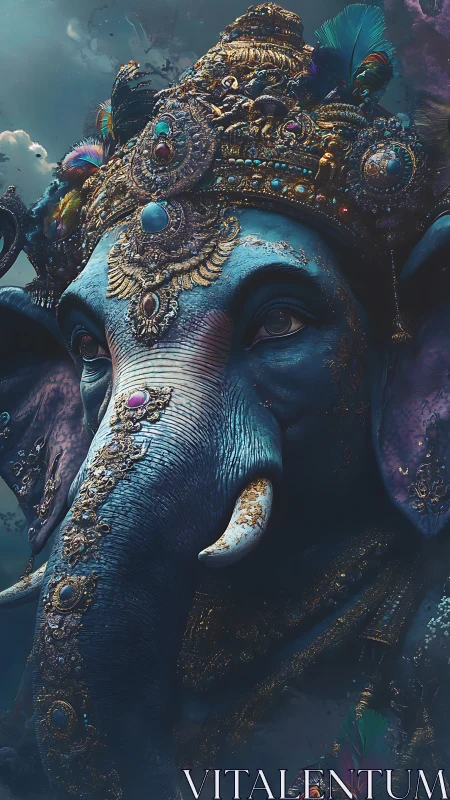 Majestic blue elephant deity in jeweled ceremonial regalia.