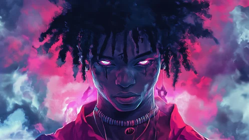 Neon-lit ethereal portrait of glowing-eyed figure in vapor clouds