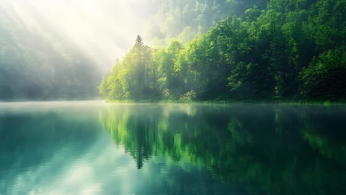 Mist-laden forest lake with volumetric sunlight and reflections.
