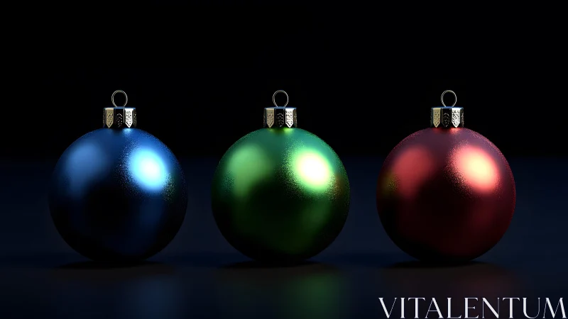 Lustrous trio of Christmas baubles on deep black stage.