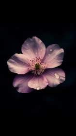 Delicate Pink Blossom with Water Droplets Against Black.