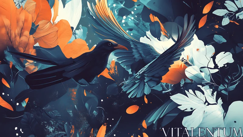 Digital avian duel unfolds amid abstract teal and orange flora