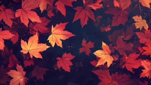 Digital painting of autumn maple leaves on deep indigo ground.