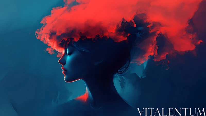Profiled female silhouette merges with vivid red cloud plume