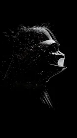 Disintegrating dark helmet profile in high-contrast digital space.