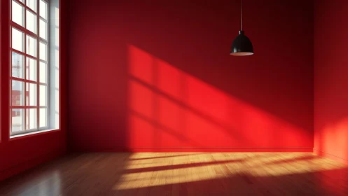 Sunlit red interior with hard-edged window shadows and pendant lamp