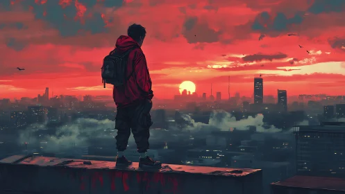 Solitary rooftop figure observing neon-red dystopian sunset