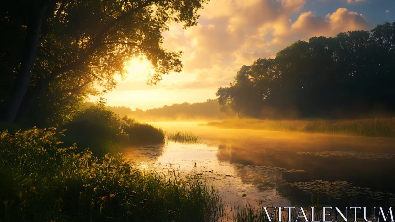 Golden sunrise gently warms a quiet forest river bend