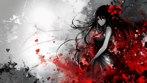 Monochrome red-splashed anime girl in abstract floral vortex