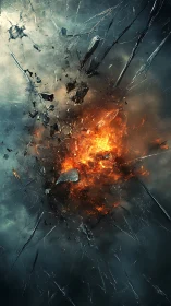 Shattered glass explosion with fiery core in stormy atmosphere.