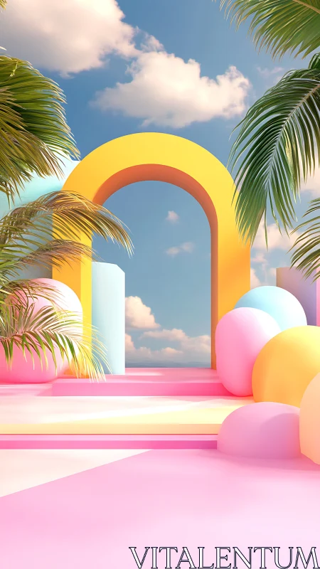 Pastel tropical archway renders stylized geometric dreamscape