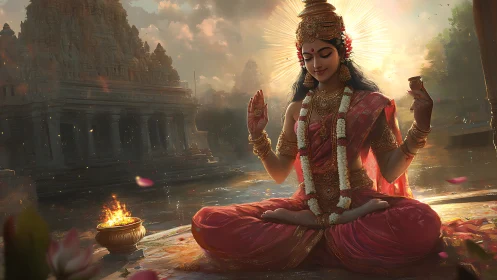Hindu goddess in red sari meditating by temple water at dusk.