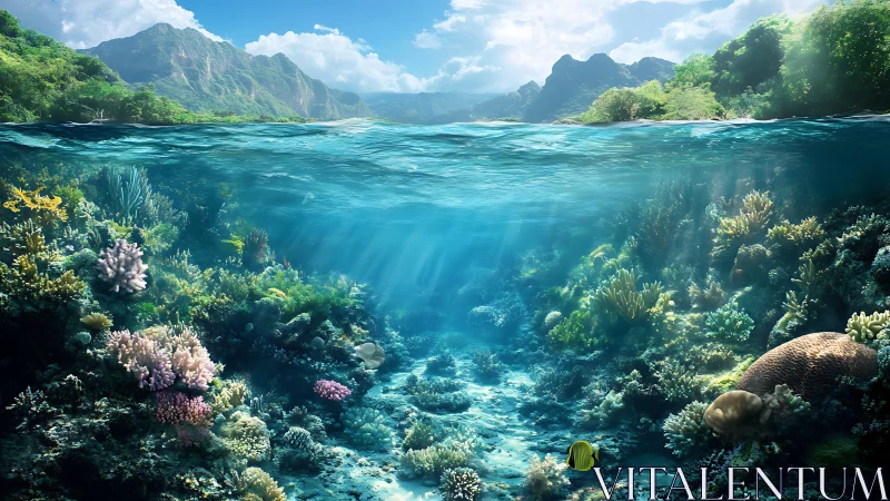 Coral reef underwater scene with tropical island above water.