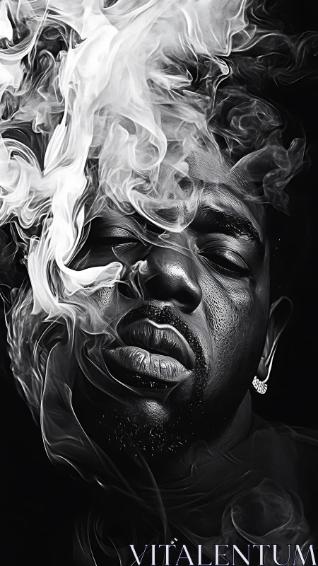 Smoky monochrome portrait engulfed in swirling haze.