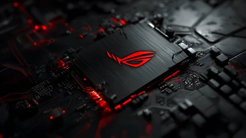 Futuristic Gaming Chipset With Red LED Lights, Macro Digital Art.