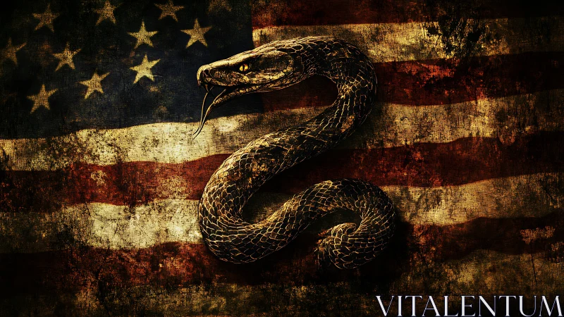 Coiled rattlesnake overlays distressed American flag texture design