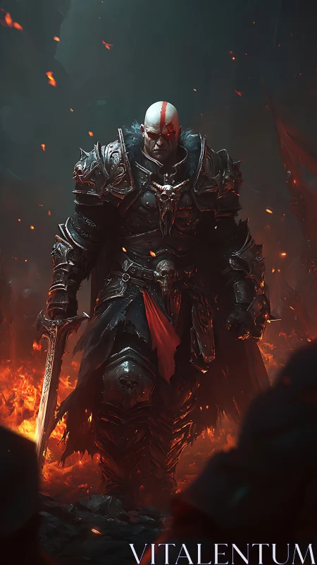 Armored infernal warrior in ember-lit high contrast scene.