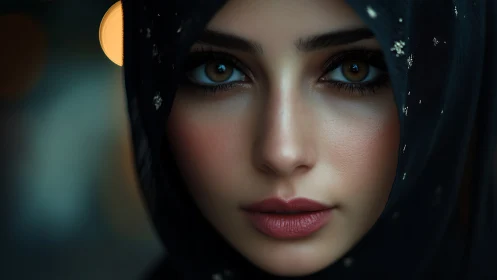 Photorealistic portrait of veiled woman with intense gaze.