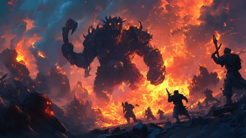 Colossal molten demon emerging from fiery ruin, warriors advancing