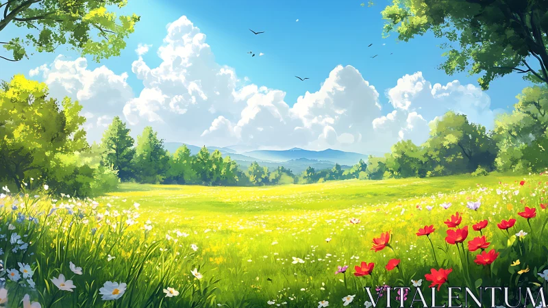 Sunny wildflower meadow opens toward distant blue hills