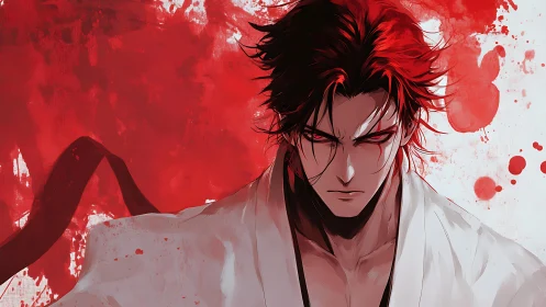 Crimson-eyed warrior in dynamic red ink splash backdrop.