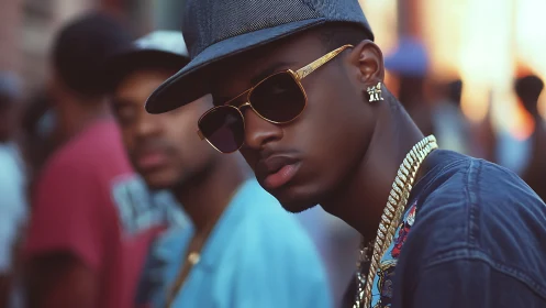 Man in sunglasses and cap looks at camera in street scene
