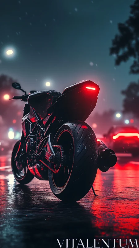 Sport bike waits in neon rain on a slick night street