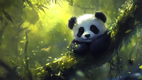 Cute baby panda resting on mossy tree branch in forest.
