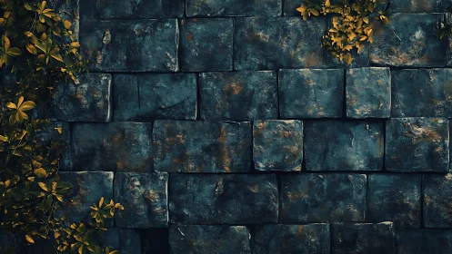 Textured stone block wall with climbing foliage accents.