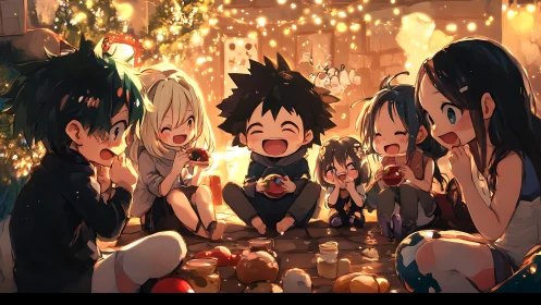 Group of kids sharing food under warm holiday lights.