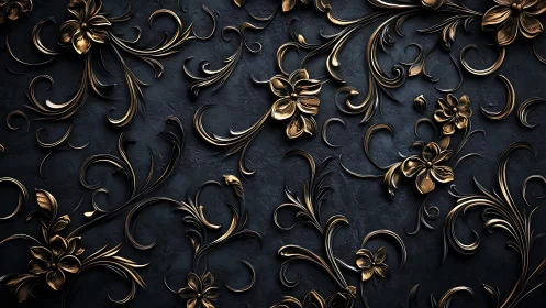 Baroque gold floral scrollwork glows on dark textured wall