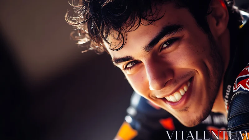 Smiling young racer in warm directional sunlight portrait.