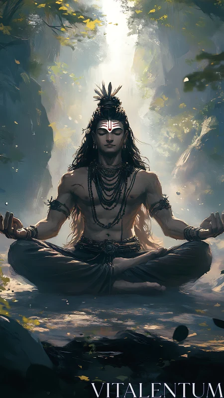 Meditating ascetic figure seated in sunlit forest clearing.
