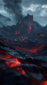 Volcanic fortress emerges through molten terrain in cinematic depth