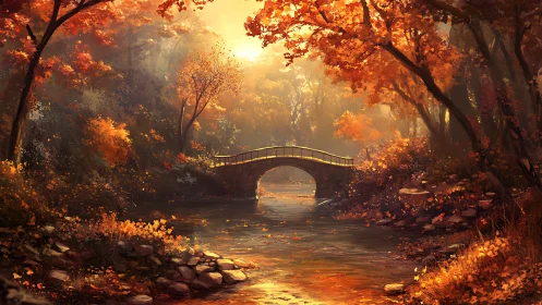Autumn river bridge framed by luminous backlit foliage glow