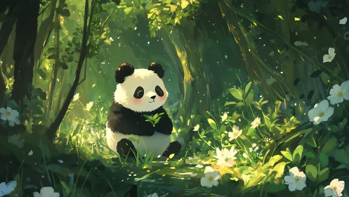 Gentle panda resting in a sunlit, flowered forest glade.