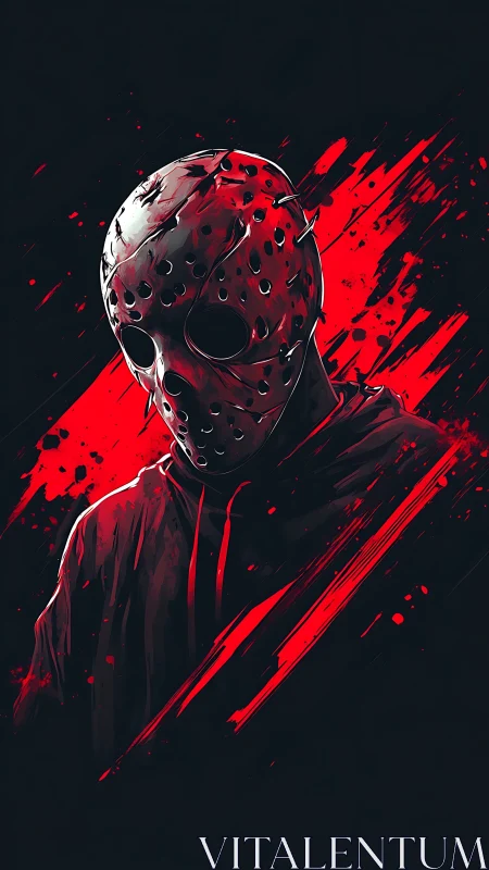 Moody masked figure stands in vivid red splatter light