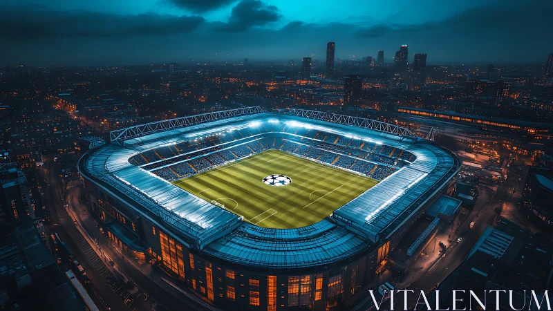 Nocturnal football stadium aerial with cinematic lighting design.