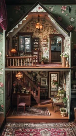 Victorian-style dollhouse interior with floral d&eacute;cor.