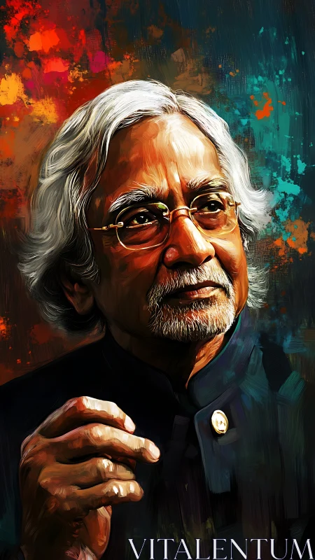 Elderly intellectual portrait glows against vivid abstract backdrop