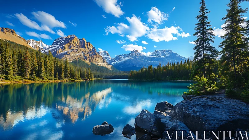 Crystal lake mirrors snowcapped mountains under a bright blue sky